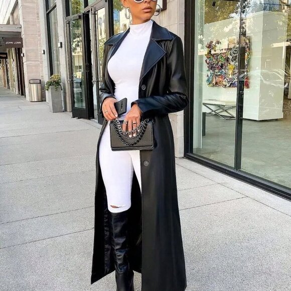 Black Elegant Women's Faux Leather Trench Coat